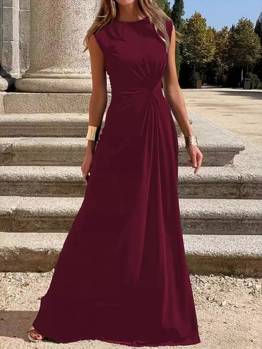 Twisted Round-Neck Sleeveless Ruched Maxi Dress Wine Red