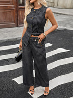 Striped Button-Down Tank & Wide-Leg Denim Pants Co-Ord Set Steel