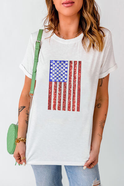 US Flag Sequin Round Neck Short Sleeve T-Shirt