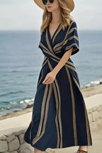 Striped Wrap Half-Sleeve Maxi Dress