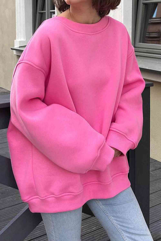 Oversized Round Neck Dropped Shoulder Sweatshirt Fuchsia Pink