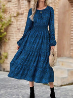 Smocked Balloon Sleeve Round Neck Midi Dress