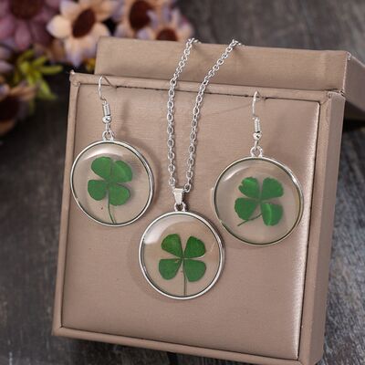 Stylish Lucky Clover Alloy Acrylic Jewelry Set - Earrings & Necklace