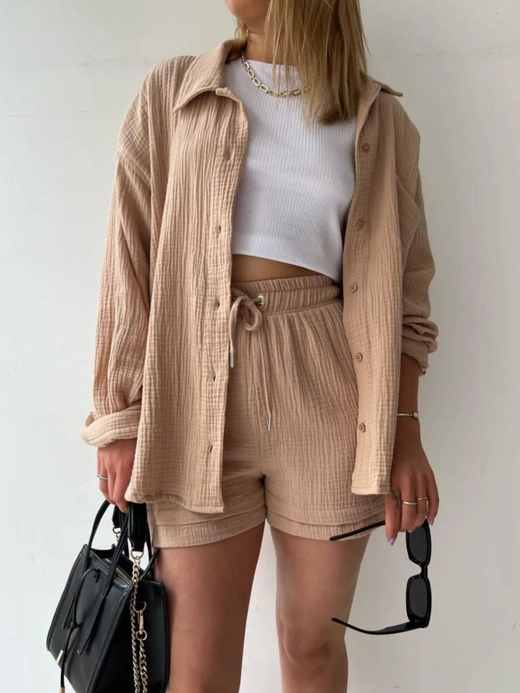 Chic Textured Button-Up Shirt & Shorts Two-Piece Set