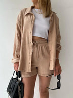 Chic Textured Button-Up Shirt & Shorts Two-Piece Set