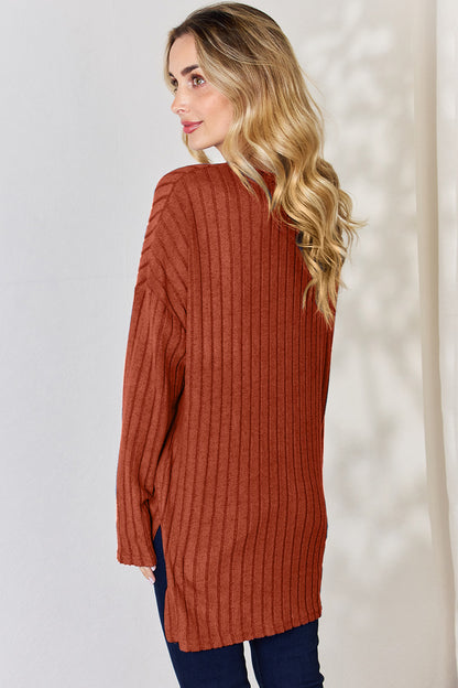 Basic Bae Ribbed Half Button Long Sleeve High-Low T-Shirt