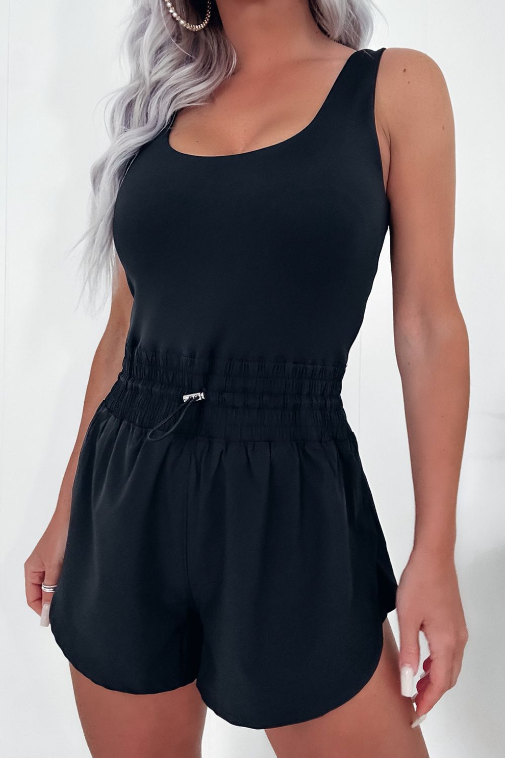 Drawstring Waist Scoop Neck Romper - Stylish & Comfy