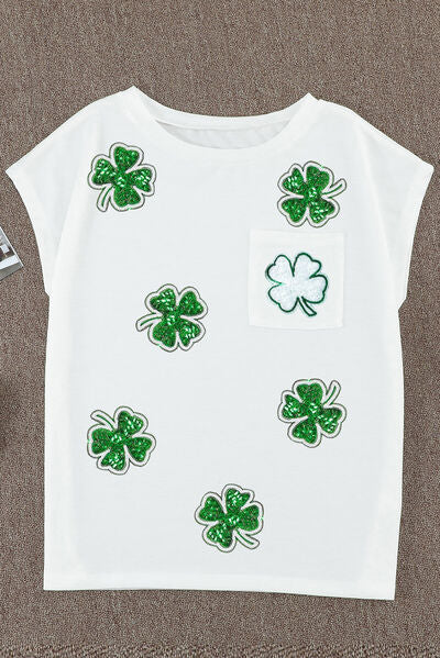 Sequin Lucky Clover Boat Neck Short Sleeve T-Shirt