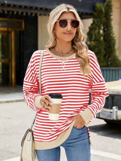 Chic Striped Slit Detail Long Sleeve Sweatshirt