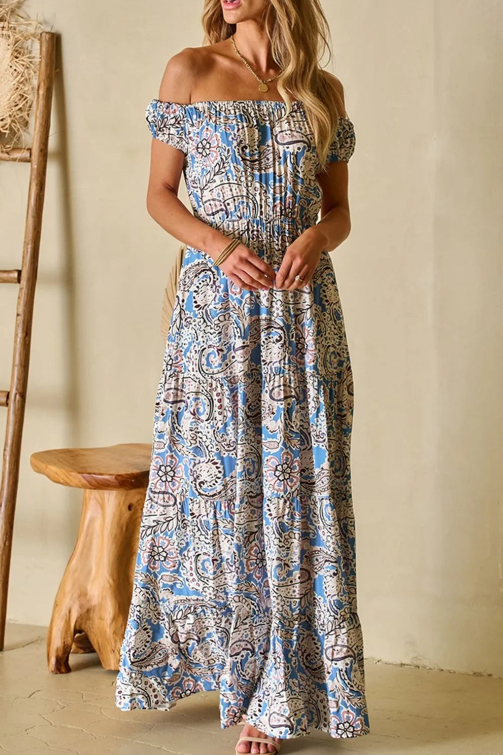 Boho Off-Shoulder Paisley Print Maxi Dress
