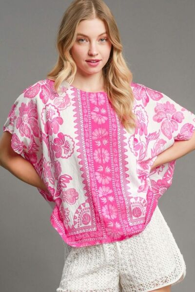 Umgee Floral Border Print Oversized Blouse – Chic & Effortless Hot Pink