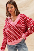 SO ME Color Block Textured V-Neck Christmas Sweater Top