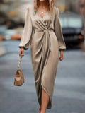 High-Low Surplice Balloon Sleeve Midi Dress - Elegant & Flowy Beige