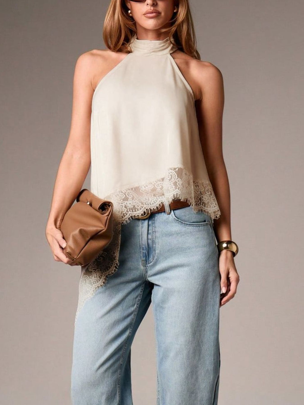 Asymmetrical Lace-Trim Halter Neck Cami Top