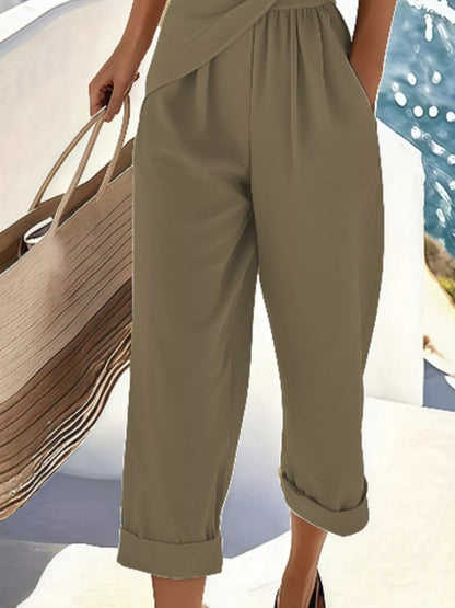 Full Size Surplice V-Neck Short Sleeve Top & Pants Set – Plus Size