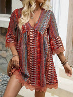 Printed V-Neck Dress with Lace Trim and 3/4 Sleeves
