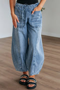 Relaxed Wide Leg Drawstring Denim Pants Medium Blue
