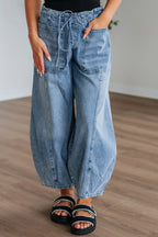 Relaxed Wide Leg Drawstring Denim Pants Medium Blue