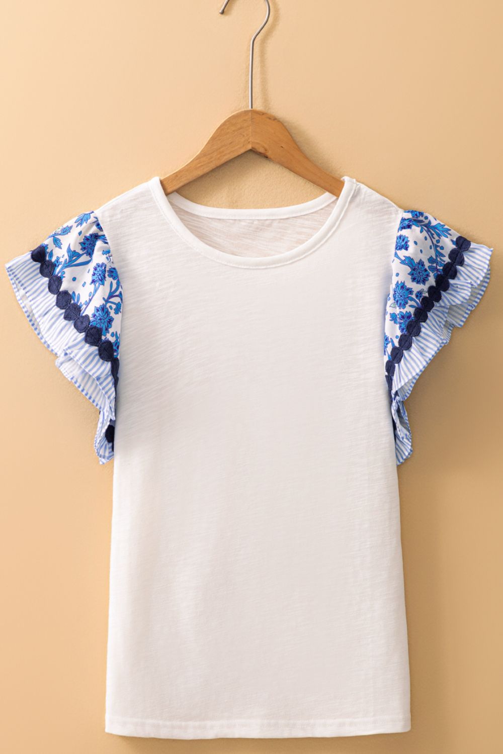 Round Neck Printed Ruffled Cap Sleeve Blouse - Chic & Feminine