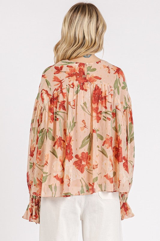 Mittoshop Floral Round Neck Ruffled Sleeve Blouse