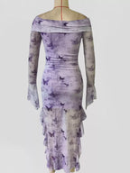 Butterfly Print Off-Shoulder Mesh Mermaid Dress