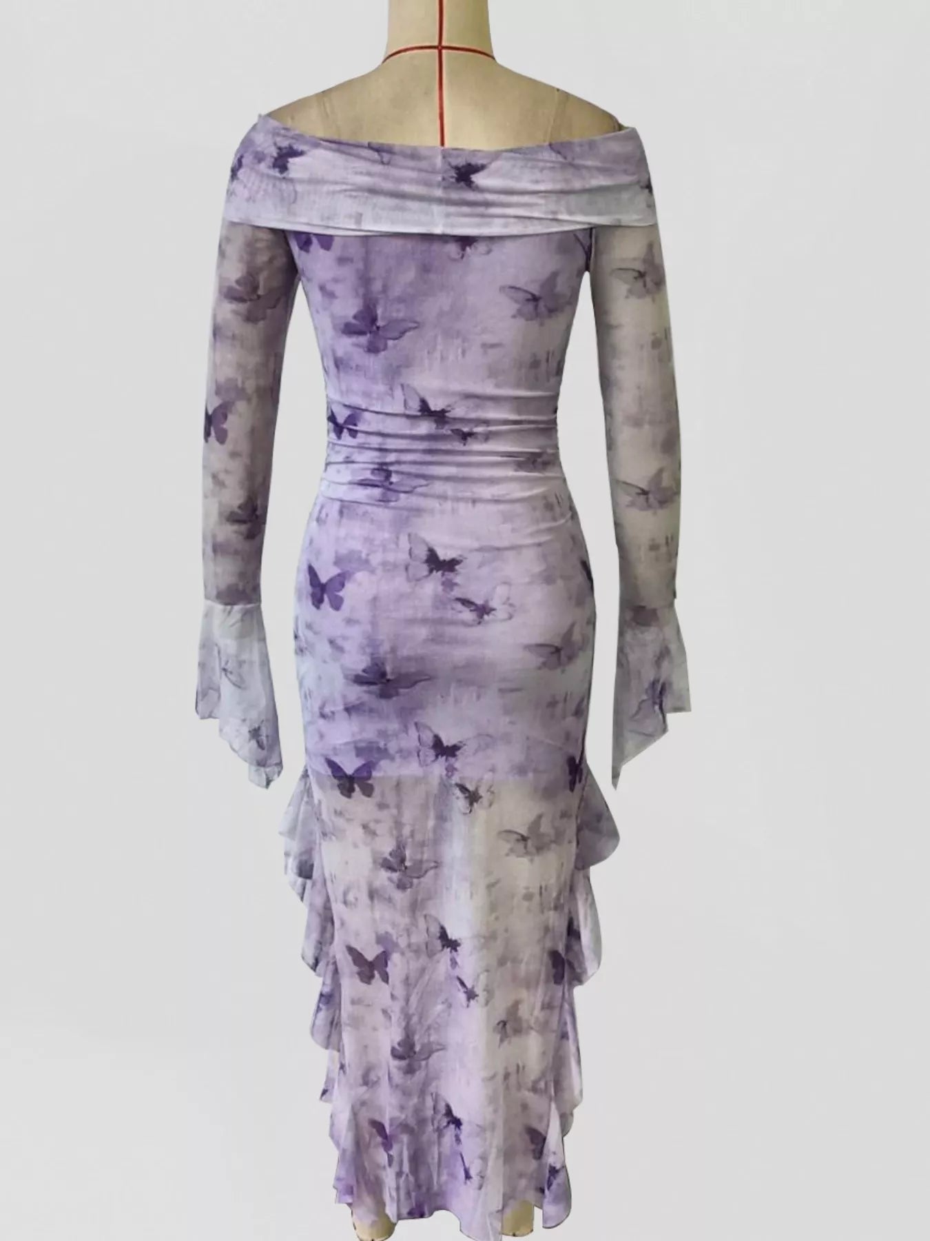 Butterfly Print Off-Shoulder Mesh Mermaid Dress