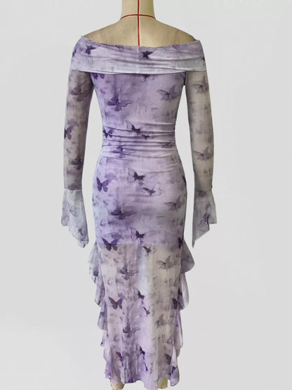 Butterfly Print Off-Shoulder Mesh Mermaid Dress