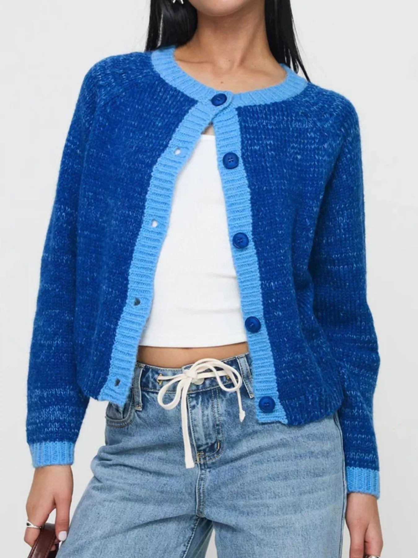 Contrast Trim Knit Button-Up Cardigan Blue