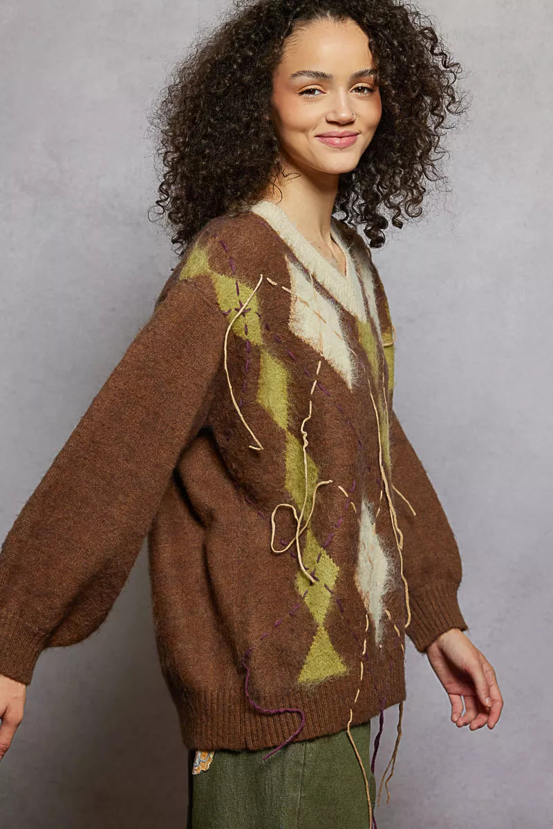 POL Argyle Dreams V‑Neck Mohair Sweater with Contrast Stitch