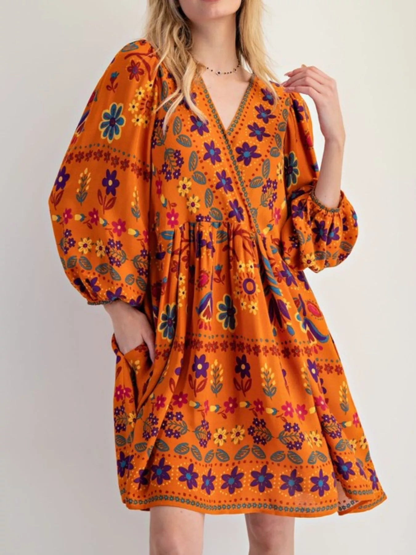 Bohemian Floral Print Ruched Long Sleeve Pocketed Mini Dress Orange