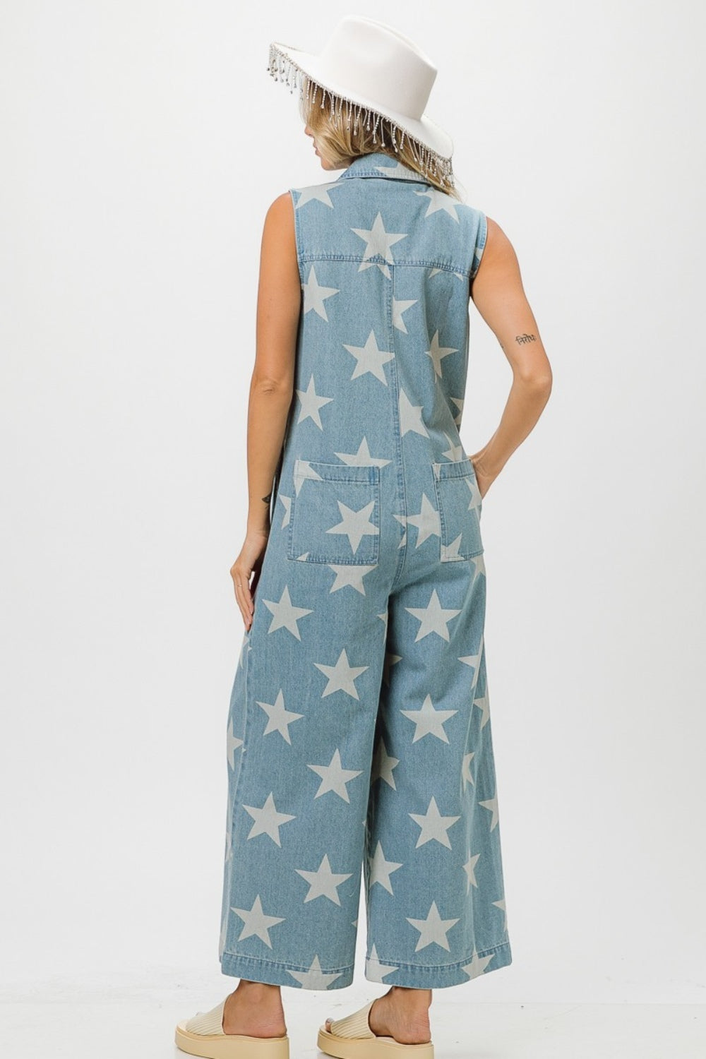 BiBi Star Print Half-Zip Sleeveless Denim Jumpsuit