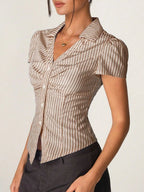 Striped Short Sleeve Button-Up Shirt with Collared Neck