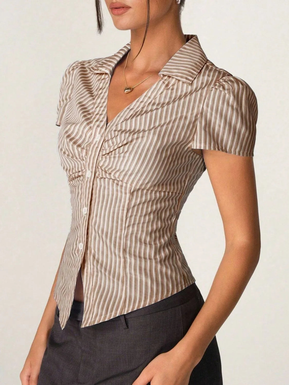Striped Short Sleeve Button-Up Shirt with Collared Neck