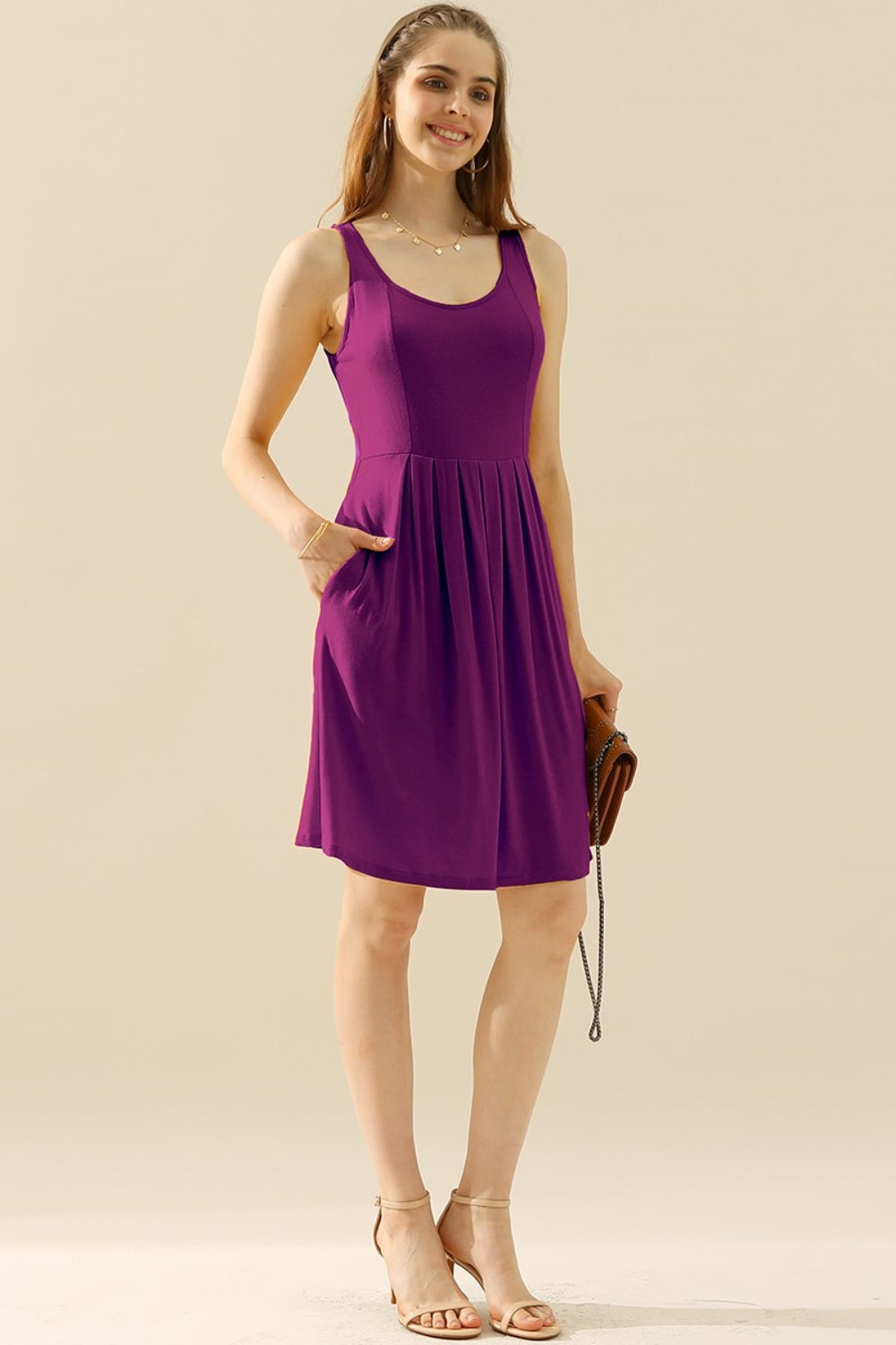 Doublju Full Size Round Neck Ruched Sleeveless Dress with Pockets Plum