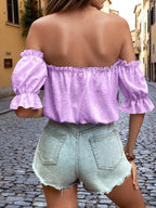 Chic Off-Shoulder Swiss Dot Ruffle Blouse with Tie Front â€“ Elegant and Feminine Style