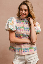 BiBi Ruffle Neckline Blouse With Embroidery Bubble Sleeve