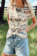 Western Mustang River Printed Mesh T-Shirt - Stylish & Trendy Beige