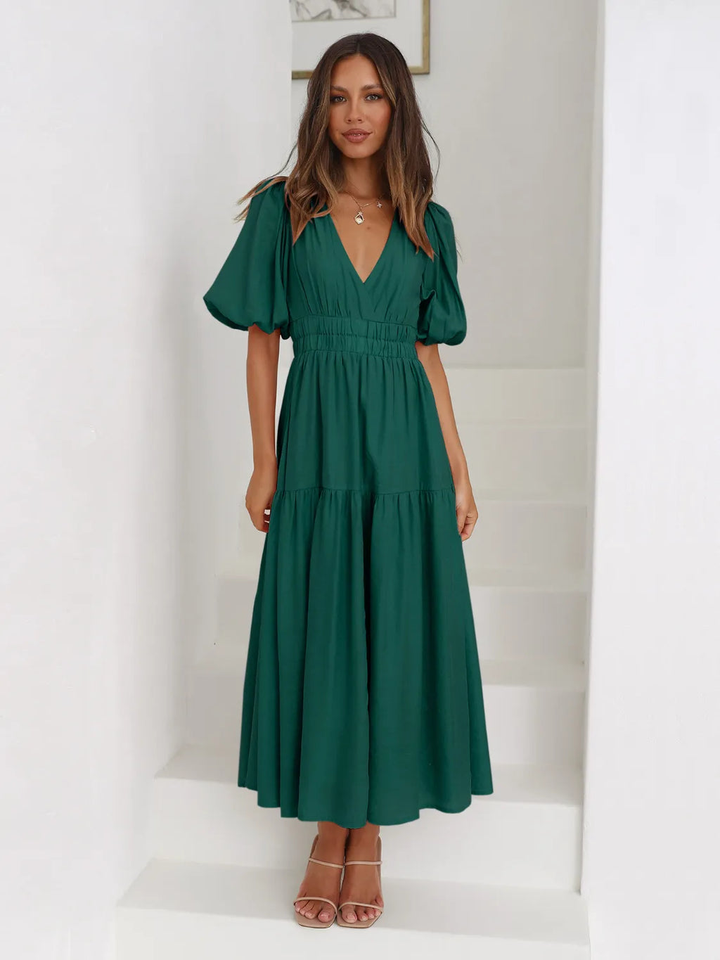 Tiered Surplice Midi Dress with Half Sleeves