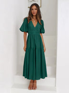 Tiered Surplice Midi Dress with Half Sleeves