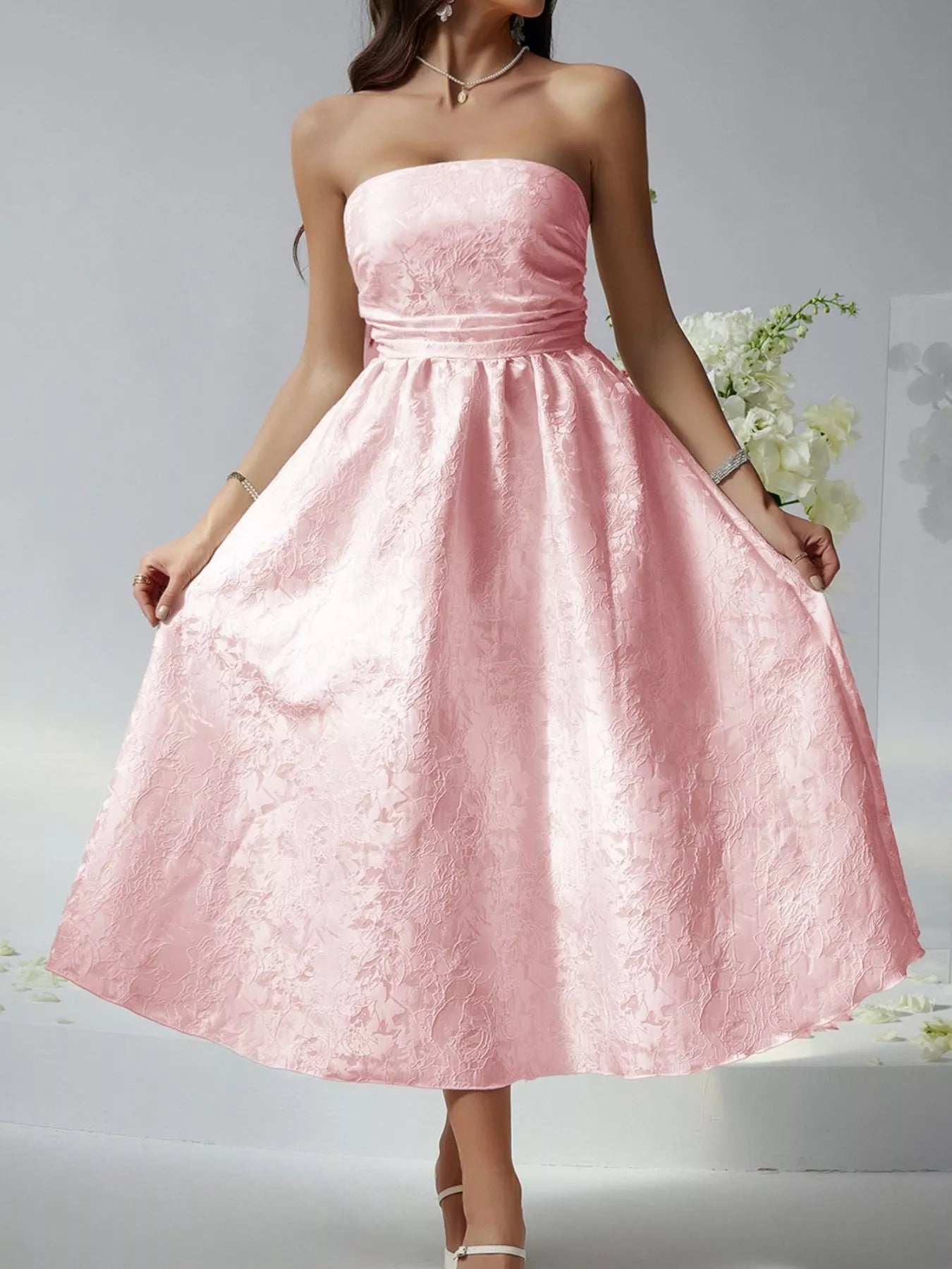 Lace-Up Strapless Tube Midi Dress Pink