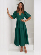Tiered Surplice Midi Dress with Half Sleeves