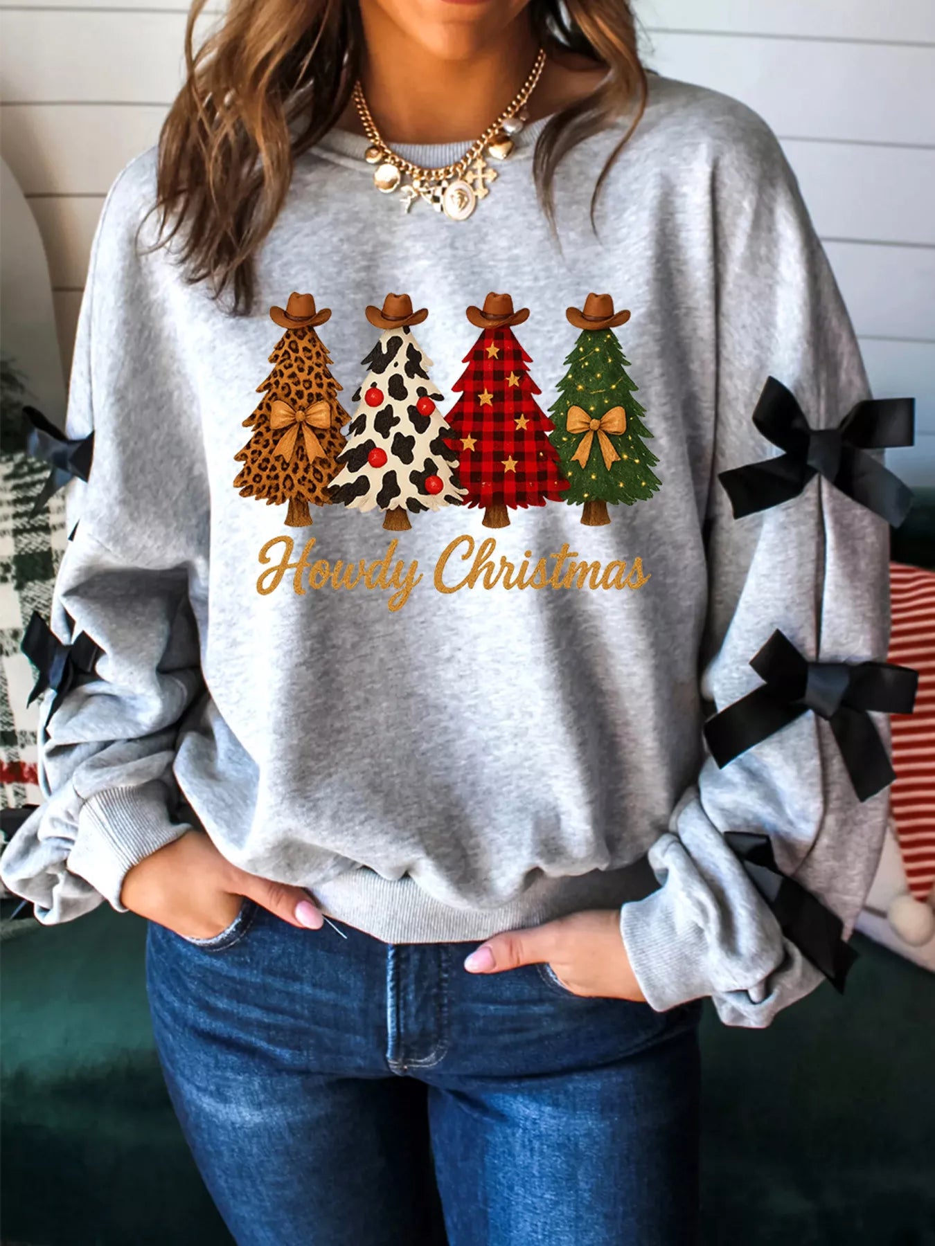 Howdy Christmas Trees Sweatshirt with Ribbon Bow Detail Light Gray