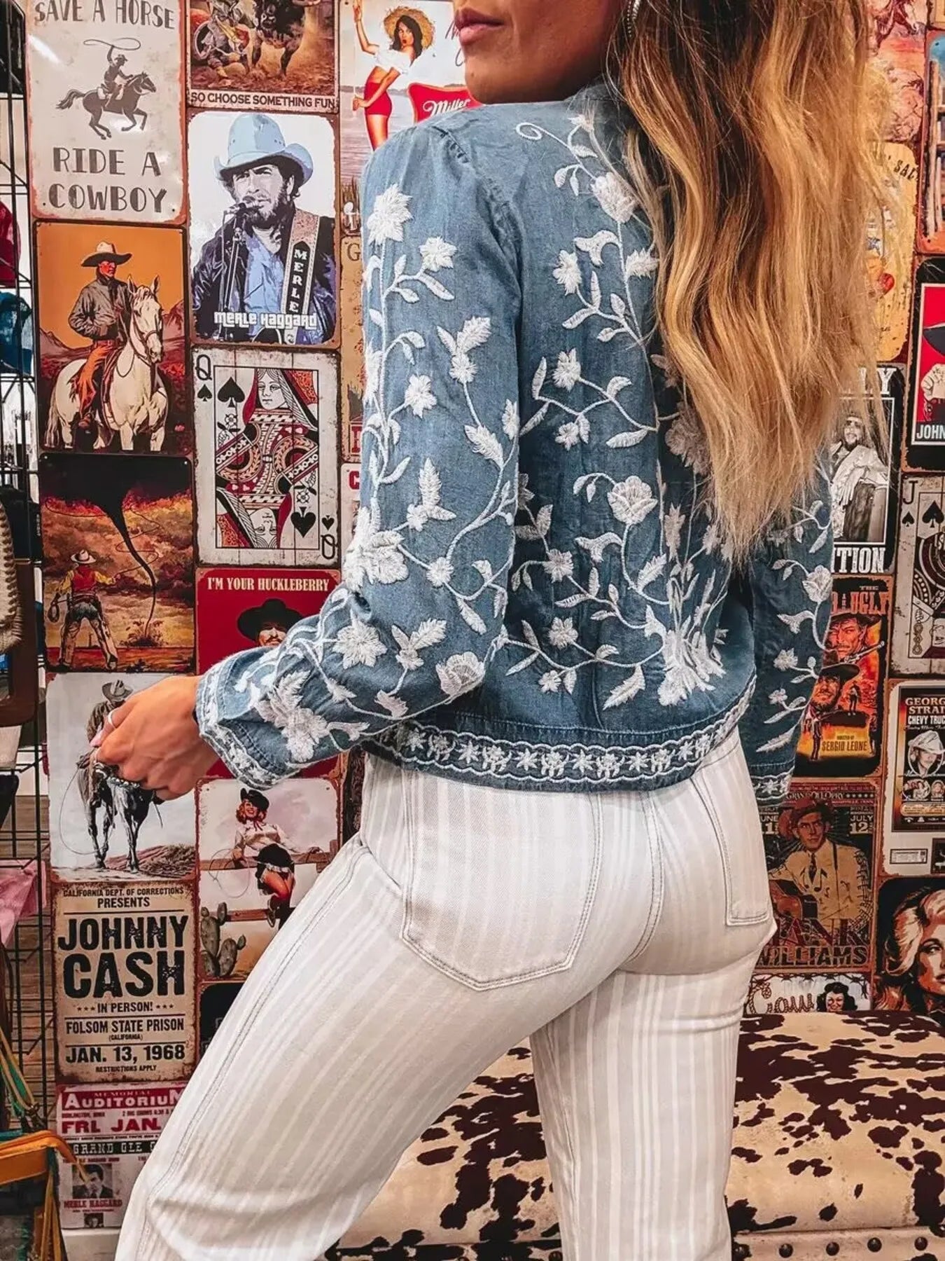 Floral Embroidered Button-Up Denim Shirt