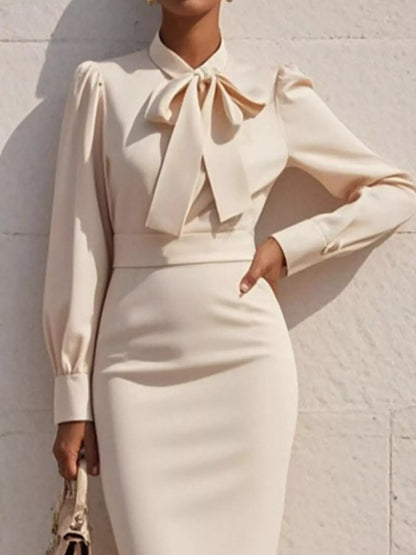 Elegant Bow Tie Neck Long Sleeve Bodycon Midi Dress