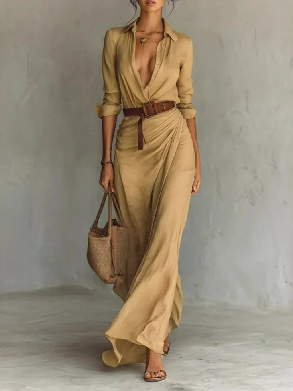 Ruched Button-Front Long Sleeve Maxi Dress (Plus Size) Khaki