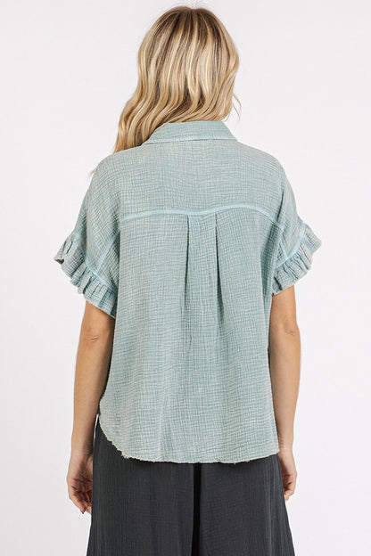 Mineral Washed Button-Down Flounce Sleeve Shirt