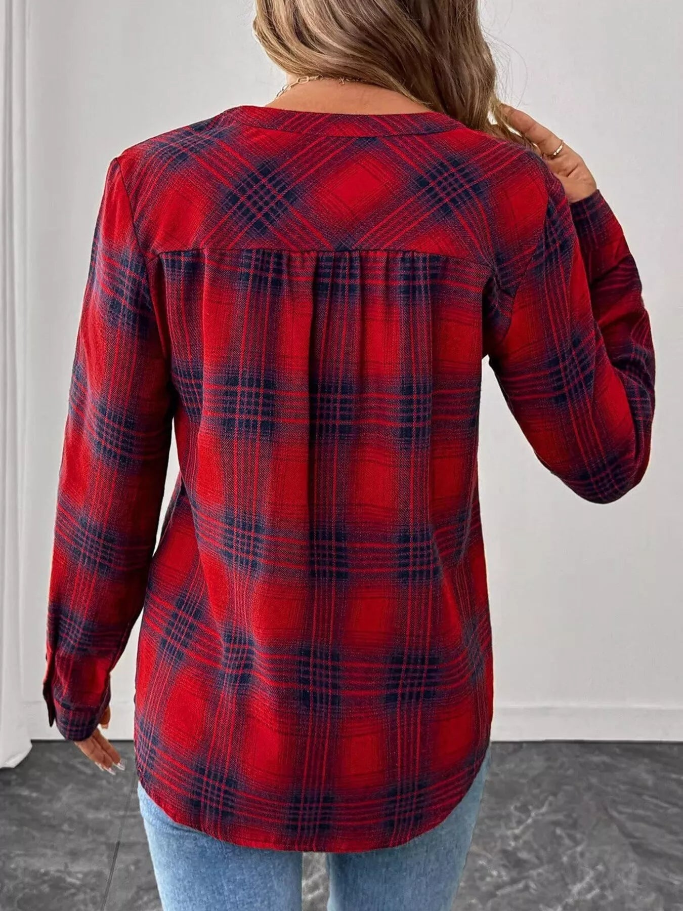 Classic Plaid Half Button Long Sleeve Blouse