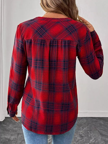Classic Plaid Half Button Long Sleeve Blouse