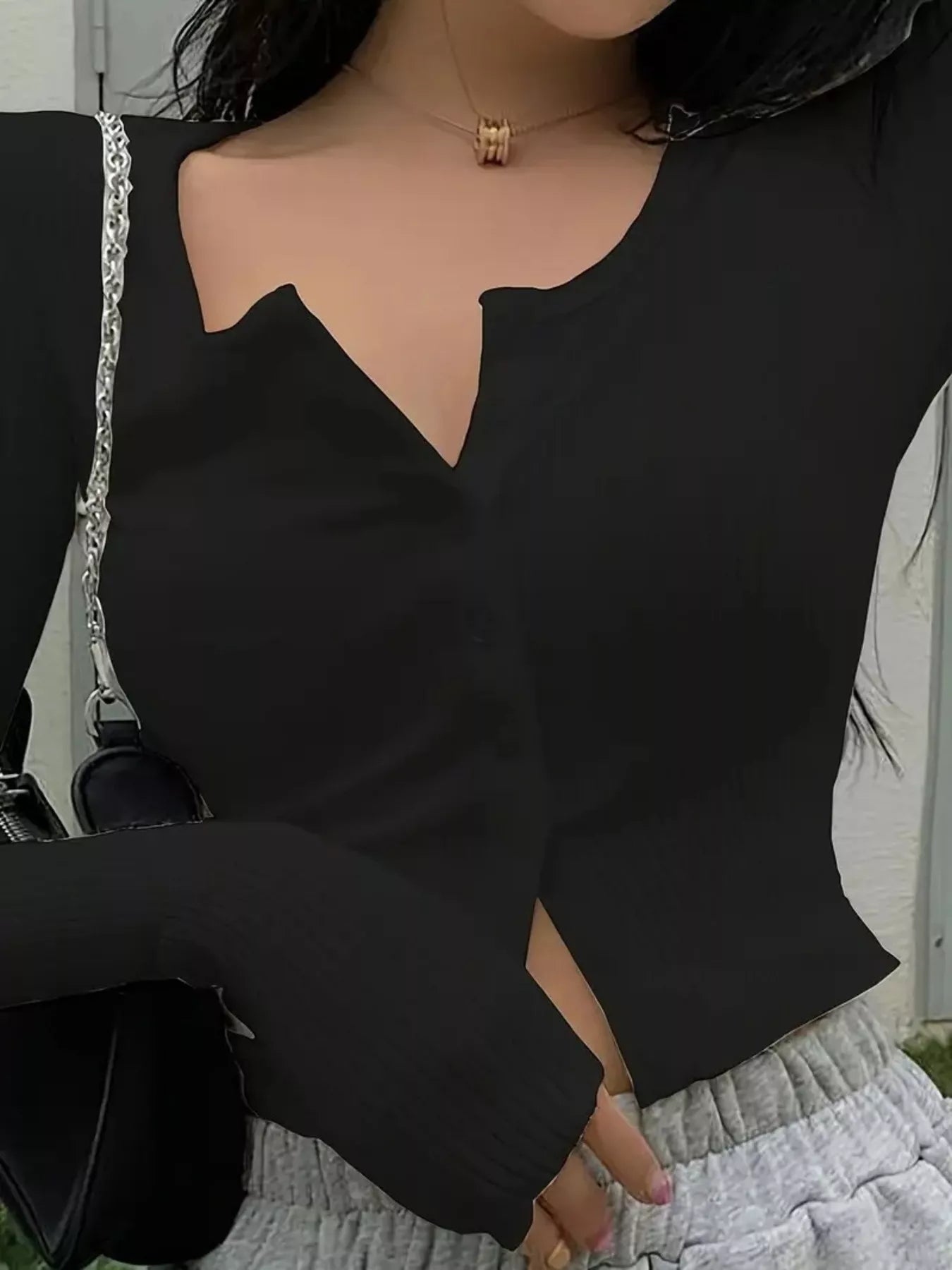 Ribbed Button-Front Long Sleeve Knit Top Black