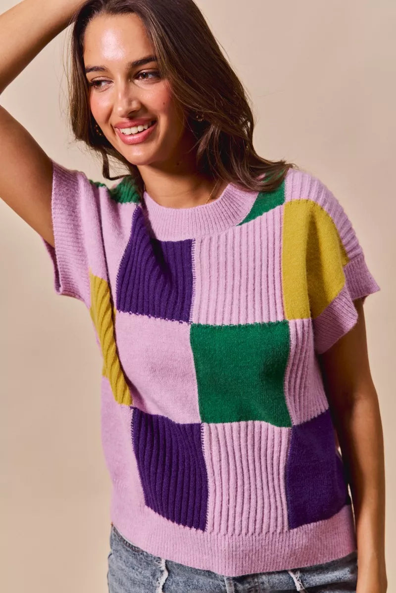 SO ME Mardi Gras Check Plaid Casual Knit Sweater Top